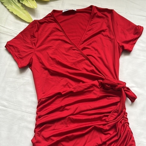 ⭐️LIUMILAC ruched wrap V neck casual bodycon ruffle dress⭐️ - Picture 4 of 10